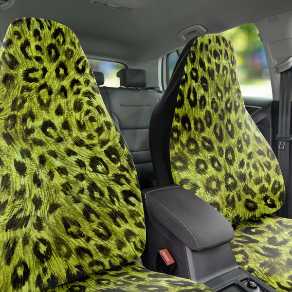 Leopard Car Seat Cover, Yellow Leopard Animal Print Designer Essential Premium Quality Best Machine Washable Microfiber Luxury Car Seat Cover - 2 Pack For Your Car Seat Protection, Cart Seat Protectors, Car Seat Accessories, Pair of 2 Front Seat Covers, Custom Seat Covers