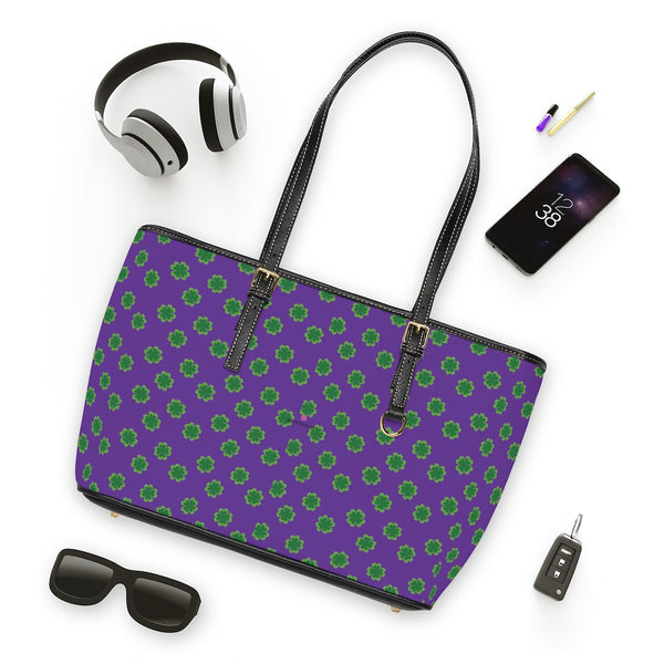 Purple Clovers Tote Bag, PU Leather Shoulder Hand Work Bag