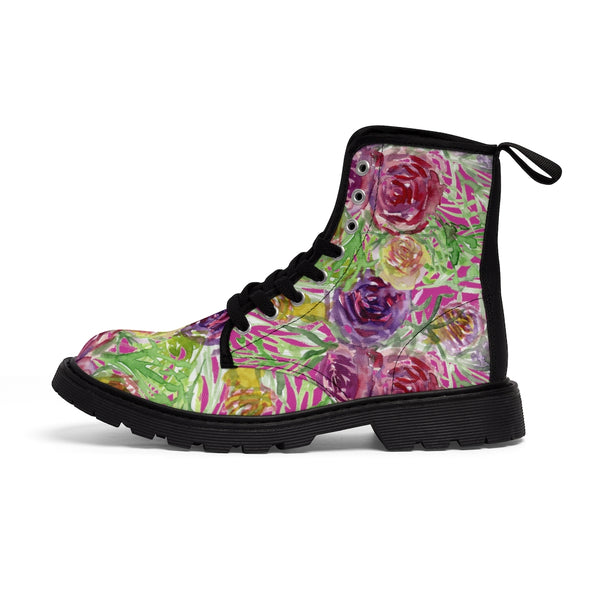 Yellow Pink Floral Women's Boots, Flower Rose Print Elegant Feminine Casual Fashion Gifts, Flower Rose Print Shoes For Rose Lovers, Combat Boots, Designer Women's Winter Lace-up Toe Cap Hiking Boots Shoes For Women (US Size 6.5-11)