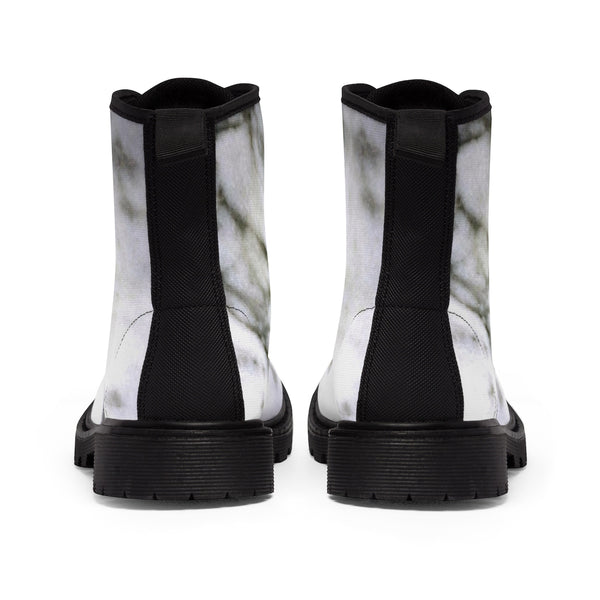 White Marble Print Designer Women's Canvas Lace-up Winter Boots Shoes (US Size: 6.5-11)-Women's Boots-Heidi Kimura Art LLC