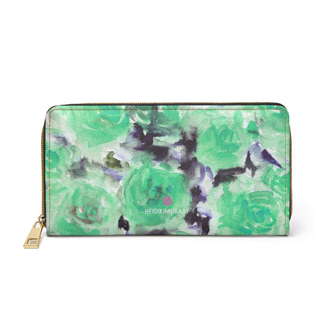 Blue Roses Zipper Wallet, Best Blue Green Floral Roses Print Best 7.87" x 4.33" Luxury Cruelty-Free Faux Leather Women's Wallet & Purses Compact High Quality Nylon Zip & Metal Hardware, Luxury Long Wallet Card Cases For Women