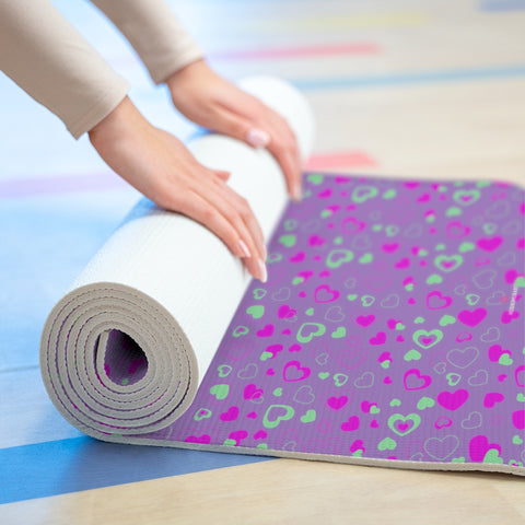 Purple Hearts Foam Yoga Mat, Purple and Pink Hearts Pattern Valentine's Day Special Best Fashion Stylish Lightweight 0.25" thick Best Designer Gym or Exercise Sports Athletic Yoga Mat Workout Equipment - Printed in USA (Size: 24″x72")