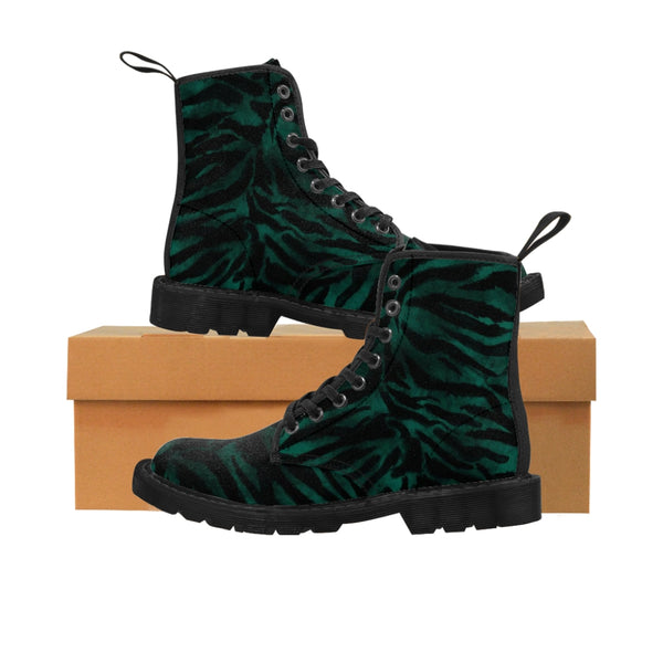 Green Tiger Stripe Men's Boots, Animal Print Best Designer Fashionable Combat Work Hunting Boots, Anti Heat + Moisture Designer Men's Winter Boots Hiking Shoes (US Size: 7-10.5)