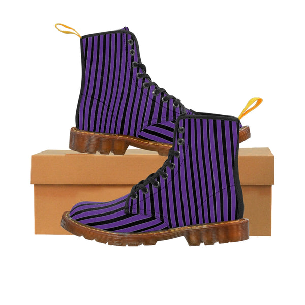 Purple Striped Print Men's Boots, Black Stripes Best Hiking Winter Boots Laced Up Shoes For Men-Shoes-Printify-Brown-US 8-Heidi Kimura Art LLC