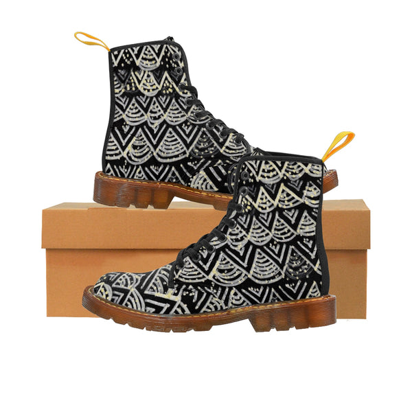Black Geometric Men's Winter Boots, Designer Anti Heat/Moisture Men's Canvas Boots-Men's Boots-Brown-US 10-Heidi Kimura Art LLC