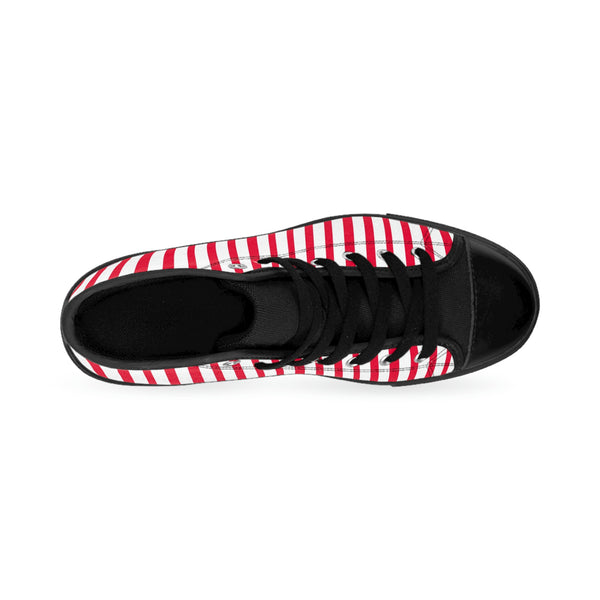 Red Striped Men's High-top Sneakers, Red White Modern Stripes Men's High Tops, High Top Striped Sneakers, Striped Casual Men's High Top For Sale, Fashionable Designer Men's Fashion High Top Sneakers, Tennis Running Shoes (US Size: 6-14)