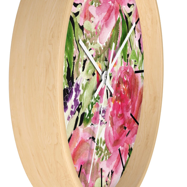 Pink Floral Rose Wall Clock,  Floral 10 inch Diameter Wall Clock, Large Round Wood Girl Children Bedroom Wall Clock