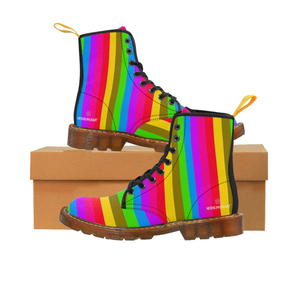 Rainbow Striped Women's Boots, Gay Pride Stripes Print Elegant Feminine Casual Fashion Gifts, Flower Rose Print&nbsp;Shoes For Rose Lovers, Combat Boots, Designer Women's Winter Lace-up Toe Cap Hiking Boots Shoes For Women (US Size 6.5-11) Best Winter Boots For Women, Combat Casual Boots&nbsp;&nbsp;