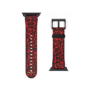 Red Leopard Animal Print Premium 38mm/42mm Designer Watch Band- Made in USA-Watch Band-38 mm-Black Matte-Heidi Kimura Art LLC
