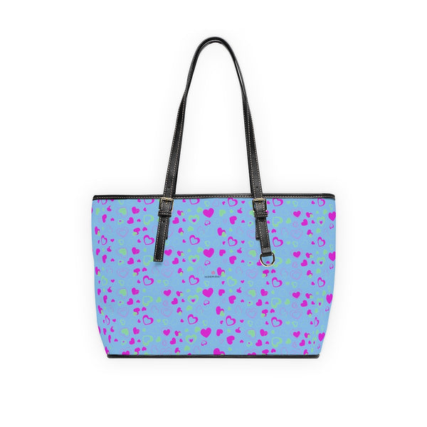 Blue Pink Hearts Tote Bag, PU Leather Shoulder Hand Work Bag