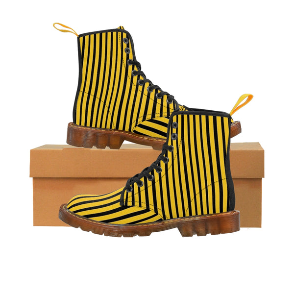 Yellow Striped Print Men's Boots, Black Stripes Best Hiking Winter Boots Laced Up Shoes For Men-Shoes-Printify-Brown-US 8-Heidi Kimura Art LLC