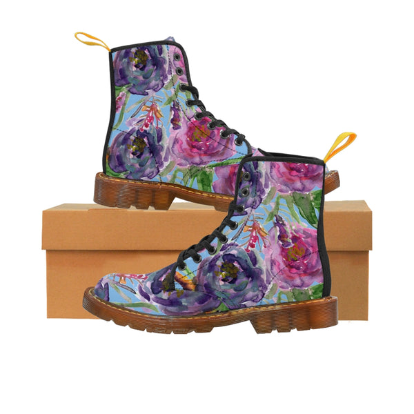 Blue Floral Print Women's Boots, Pink Purple Rose Flower Print Ladies' Hiking Combat Boots