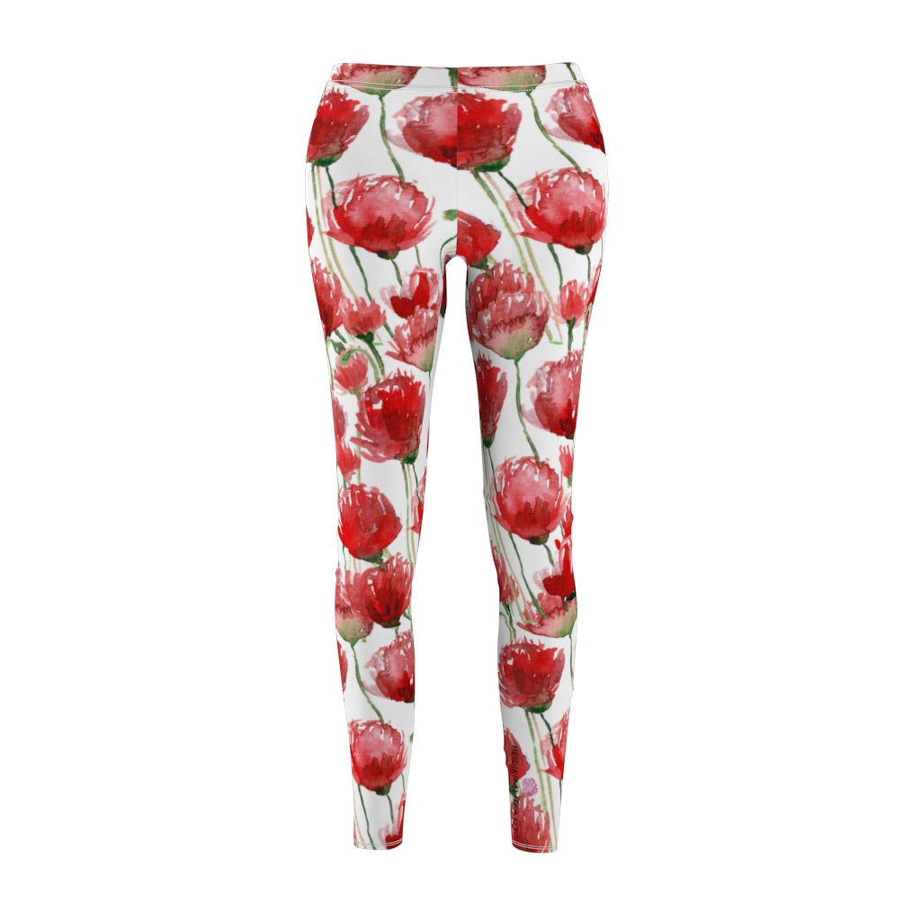 Red Poppy Floral Casual Tights, Women's Floral Casual Leggings