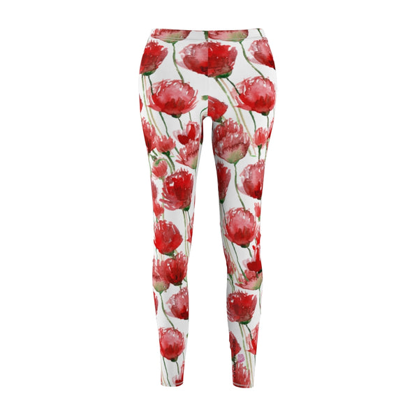 Red Poppy Floral Casual Tights, Women's Floral Casual Leggings