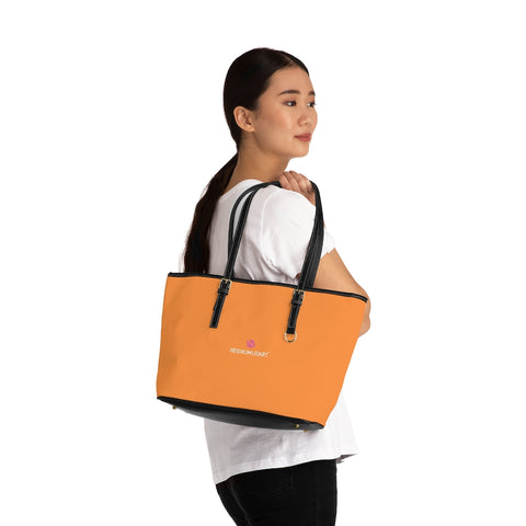 Light Orange Zipped Tote Bag, Solid Light Orange Color Modern Essential Designer PU Leather Shoulder Large Spacious Durable Hand Work Bag 17"x11"/ 16"x10" With Gold-Color Zippers & Buckles & Mobile Phone Slots & Inner Pockets, All Day Large Tote Luxury Best Sleek and Sophisticated Cute Work Shoulder Bag For Women With Outside And Inner Zippers