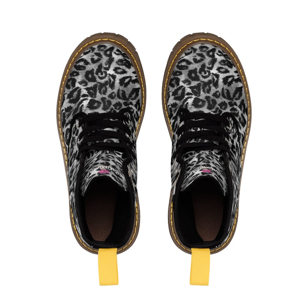 Grey Leopard Print Men Hiker Boots, Animal Print Best Laced Up Designer Men's Canvas Boots