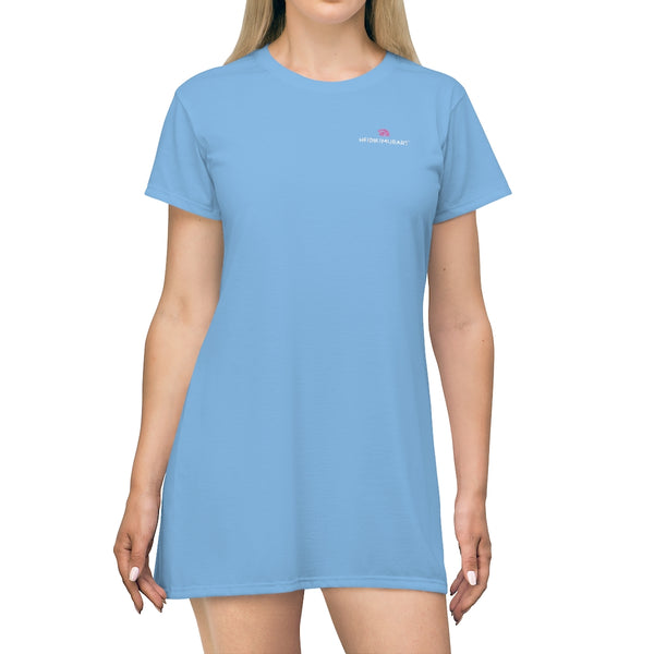 Solid Pale Blue T-Shirt Dress, Solid Baby Blue Color Oversized Best Modern Minimalist Print Crewneck Women's Long T-Shirt Dress For Women - Made in USA (US Size: XS-2XL)