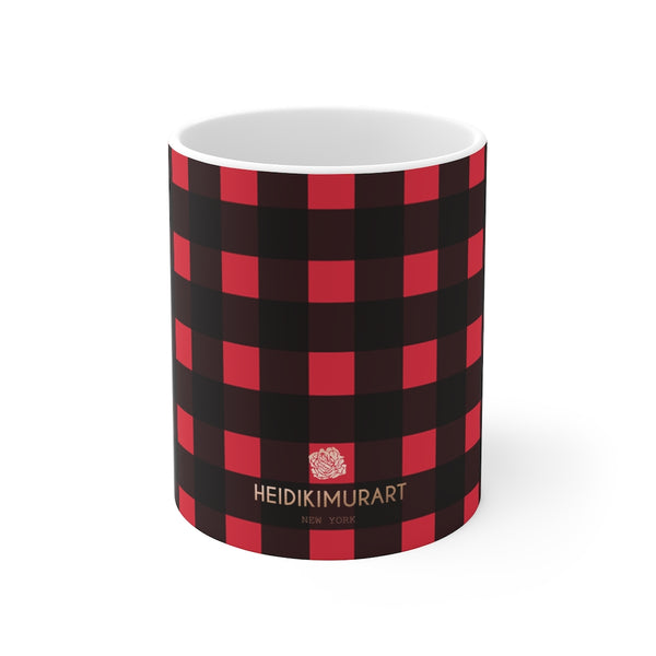 Red Buffalo Plaid Print Mug 11oz, Coffee Tea Ceramic Cup With Rounded Corners with C-Handle-Mug-Printify-11oz-Heidi Kimura Art LLC