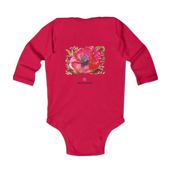 Red Hibiscus Floral Cute Infant Long Sleeve Bodysuit - Made in UK (UK Size: 6M-24M)-Kids clothes-Heidi Kimura Art LLC
