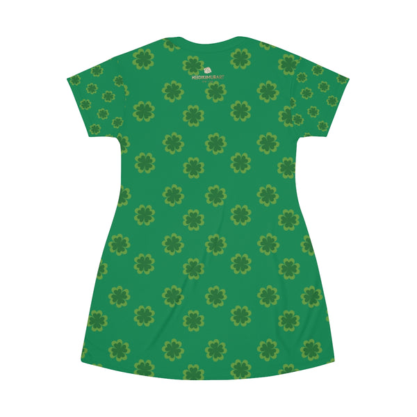 Dark Green Clover Print St. Patrick's Day Women's Premium T-Shirt Dress- Made in USA-T-Shirt Dress-Heidi Kimura Art LLC