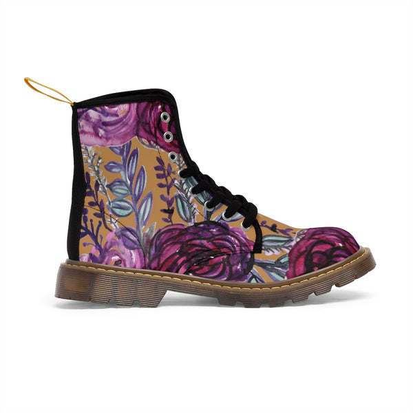 Brown Purple Floral Women's Boots, Flower Print Vintage Style Combat Hiking Boots For Ladies