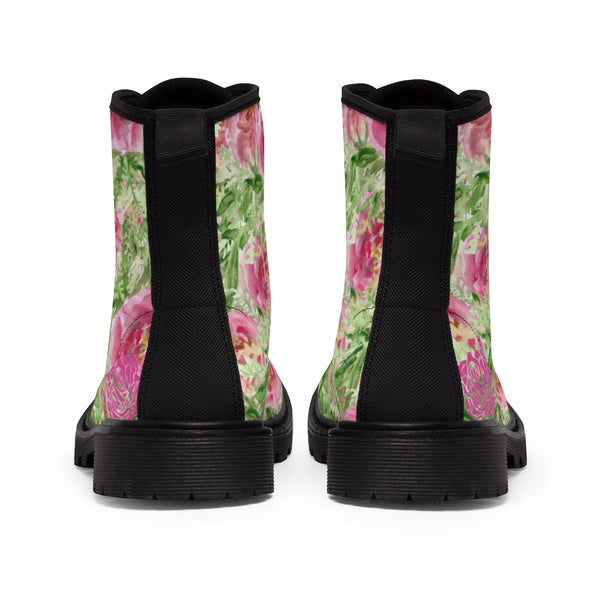 Pink French Rose Floral Print Designer Women's Winter Lace-up Toe Cap Boots-Women's Boots-Heidi Kimura Art LLC