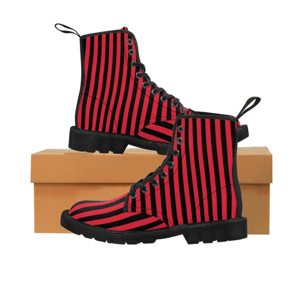 Red Striped Print Men's Boots, Black Red Stripes Modern Men's Winter Hiking Canvas Boots, Fashionable Anti Heat + Moisture Designer Comfortable Stylish Men's Winter Hiking Boots Shoes For Men (US Size: 7-10.5)