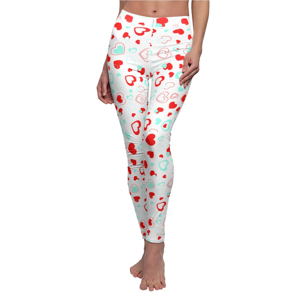 White Red Hearts Valentines Print Women's Dressy Long Casual Leggings- Made in USA-All Over Prints-Heidi Kimura Art LLC