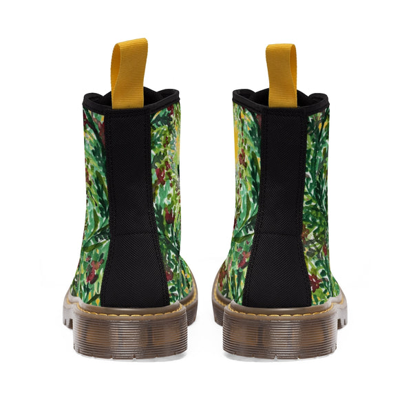 Yellow Green Floral Women's Boots, Cute Elegant Flower Printed Combat Hiking Boots For Ladies