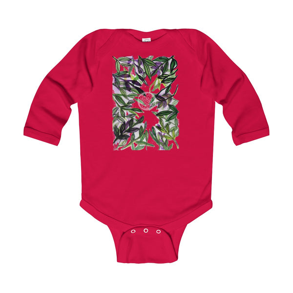 Green Tropical Leaves Baby Infant Long Sleeve Bodysuit - Made in UK (UK Size: 6M-24M)-Kids clothes-Red-12M-Heidi Kimura Art LLC