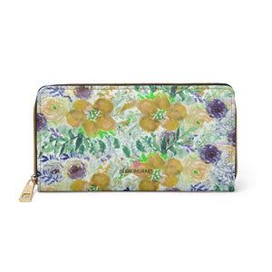 Mixed Floral Rose Zipper Wallet, Yellow Floral Elegant Print Best 7.87" x 4.33" Luxury Cruelty-Free Faux Leather Women's Wallet & Purses Compact High Quality Nylon Zip & Metal Hardware, Luxury Long Wallet Card Cases For Women
