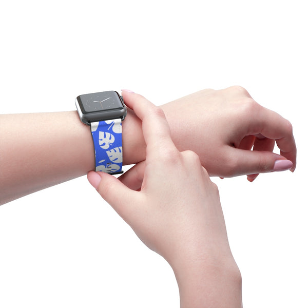 Blue White Tropical Leaf Print 38mm/42mm Watch Band For Apple Watch- Made in USA-Watch Band-Heidi Kimura Art LLC
