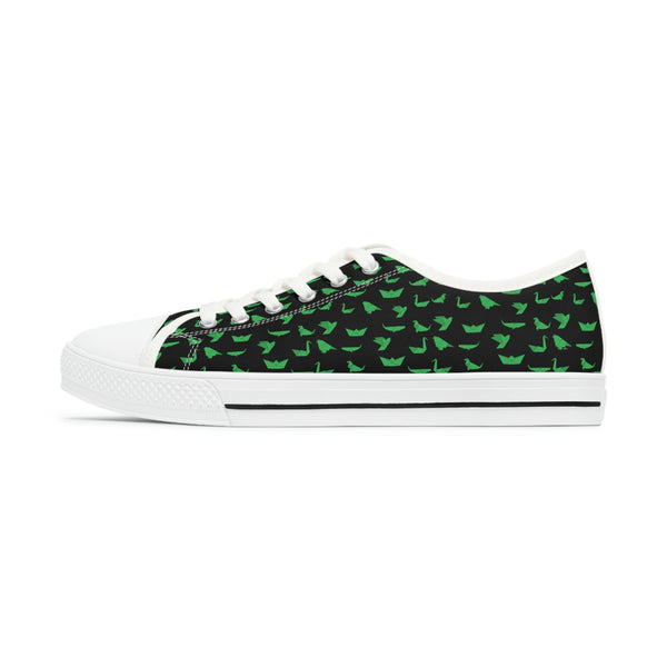 Black Green Cranes Ladies' Sneakers, Women's Low Top Sneakers, Modern Graphics Japanese Style Origami Print Women's Low Top Sneakers Tennis Shoes, Canvas Fashion Sneakers With Durable Rubber Outsoles and Shock-Absorbing Layer and Memory Foam Insoles (US Size: 5.5-12)