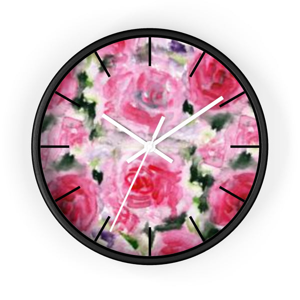 Pink Garden Rose Floral Rose Flower Print 10 inch Diameter Wall Clock - Made in USA-Wall Clock-Black-White-Heidi Kimura Art LLC