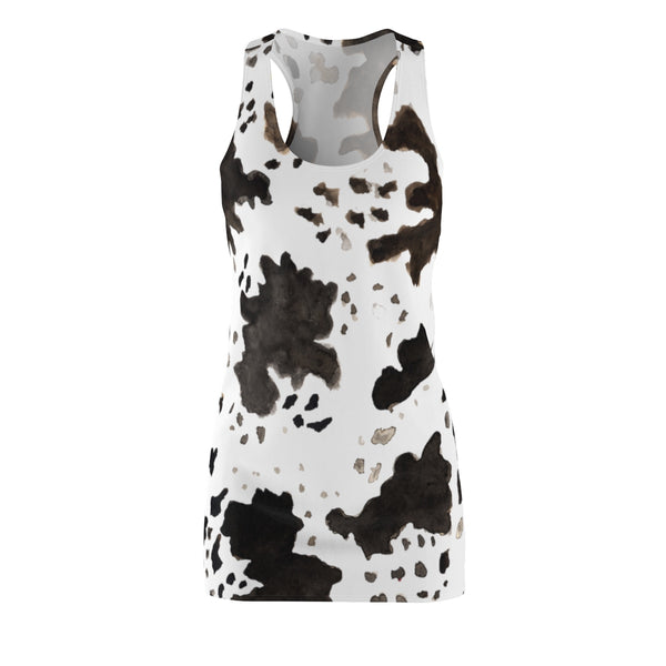 Cow Print Black White Brown Women's Long Sleeveless Racerback Dress -Made in USA (XS-2XL)-Women's Sleeveless Dress-L-Heidi Kimura Art LLC