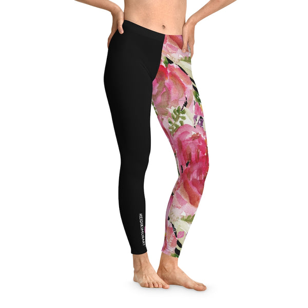 Pink Rose Women's Stretchy Leggings, Pink Floral and Black Designer Comfy Women's Stretchy Leggings- Made in USA