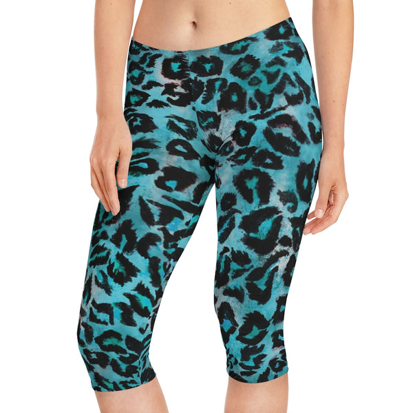 Blue Leopard Women's Capri Leggings, Modern Leopard Animal Print American-Made Best Designer Premium Quality Knee-Length Mid-Waist Fit Knee-Length Polyester Capris Tights-Made in USA (US Size: XS-3XL) Plus Size Available