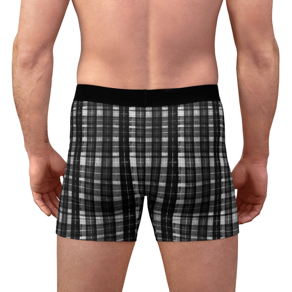 Black Plaid Print Men's Underwear, Printed Tartan Plaid Printed Sexy Underwear For Men Sexy Hot Men's Boxer Briefs Hipster Lightweight 2-sided Soft Fleece Lined Fit Underwear - (US Size: XS-3XL)
