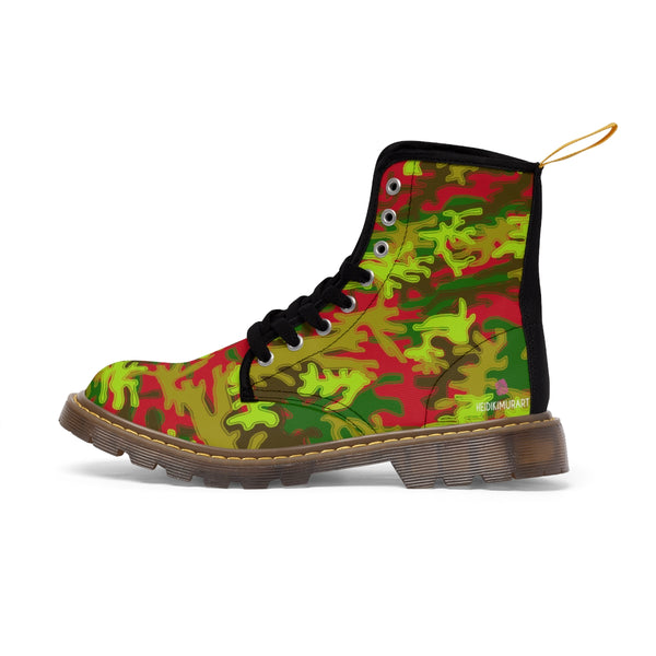 Red Green Camo Women's Boots, Army Military Print Best Winter Laced Up Canvas Boots For Women (US Size 6.5-11)