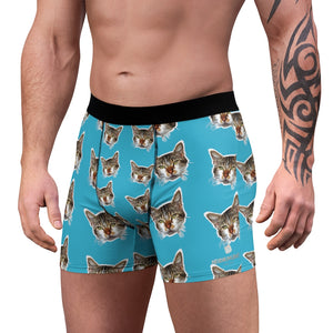 Light Blue Cat Men's Underwear, Cute Cat Boxer Briefs For Men, Sexy Hot Men's Boxer Briefs Hipster Lightweight 2-sided Soft Fleece Lined Fit Underwear - (US Size: XS-3XL) Cat Boxers For Men/ Guys, Men's Boxer Briefs Cute Cat Print Underwear
