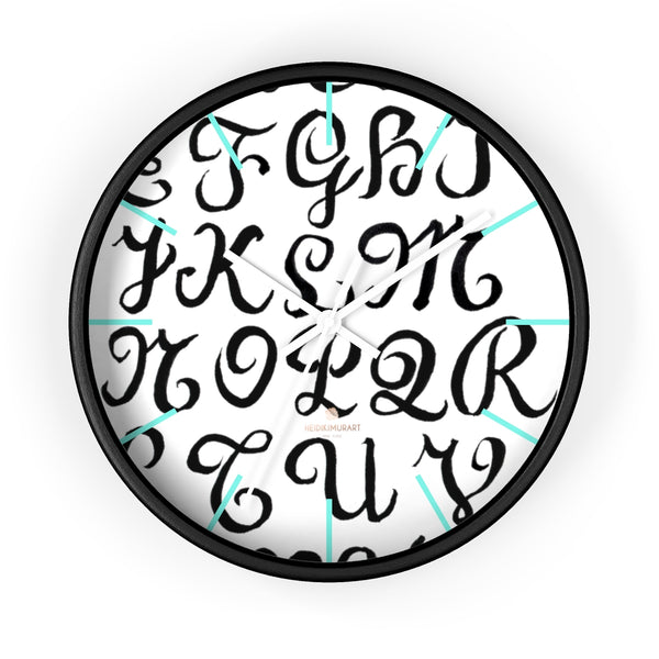 Alphabet Print 10" dia. Wall Clock, Large Calligraphy Wall Clock For Library -Made in USA-Wall Clock-10 in-Black-White-Heidi Kimura Art LLC