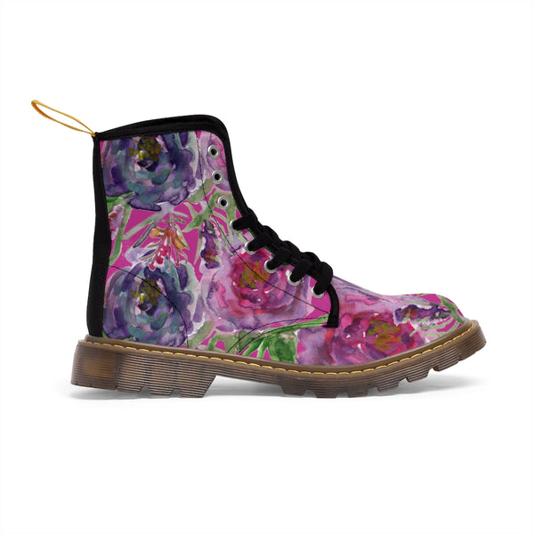 Pink Floral Rose Women's Boots, Flower Print Hiking Combat Laced-Up Winter Boots For Ladies
