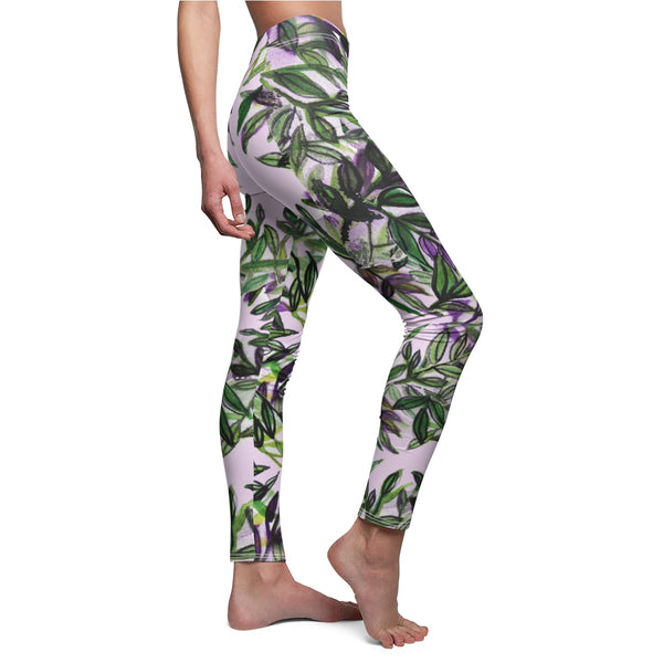 Green Tropical Leaves Print Women's Casual Leggings, Fancy Dressy Pants, Made in USA-Casual Leggings-White Seams-M-Heidi Kimura Art LLC
