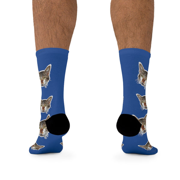Dark Blue Cat Print Socks, Cute Calico Cat One-Size Knit Premium Socks- Made in USA-Socks-One size-Heidi Kimura Art LLC