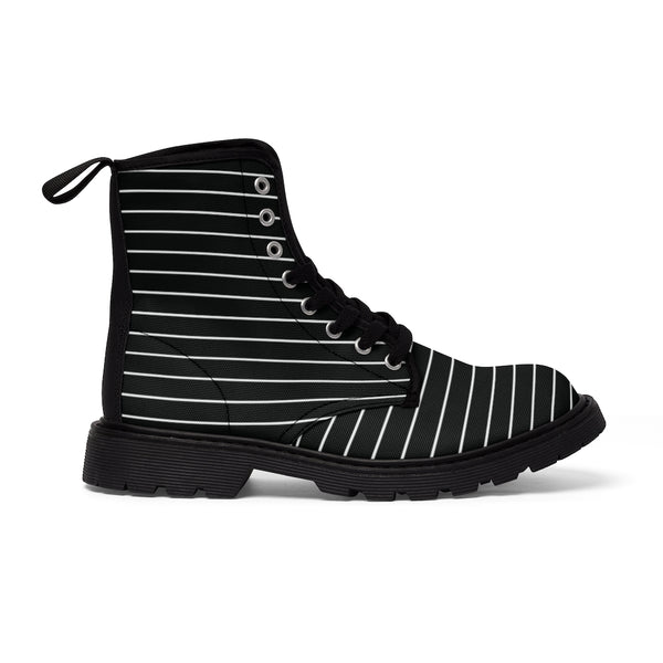 Black Striped Print Men's Boots, Black White Horizontal Stripes Modern Men's Winter Hiking Canvas Boots, Fashionable Anti Heat + Moisture Designer Comfortable Stylish Men's Winter Hiking Boots Shoes For Men (US Size: 7-10.5)