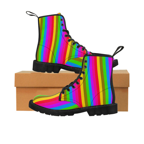 Rainbow Striped Men's Canvas Boots, Best Gay Pride Stripes Colorful Combat Work Hunting Boots, Anti Heat + Moisture Designer Men's Winter Boots Hiking Shoes (US Size: 7-10.5)