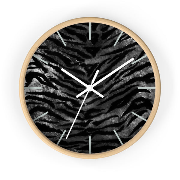 Black Tiger Stripe Wall Clock, Tiger Faux Fur Pattern Print 10" Dia. Walll Clock - Made in USA-Wall Clock-Wooden-White-Heidi Kimura Art LLC