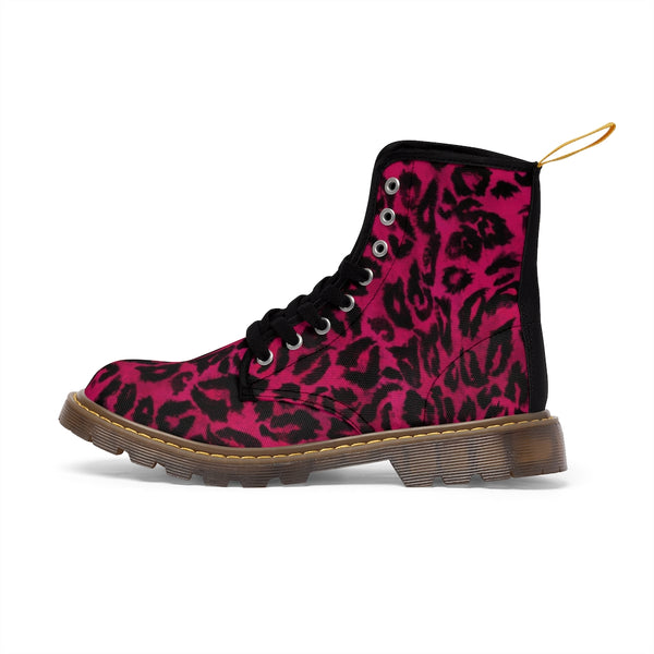 Pink Leopard Print Men Hiker Boots, Designer Men's Canvas Laced Up Hunting Water Resistant Boots