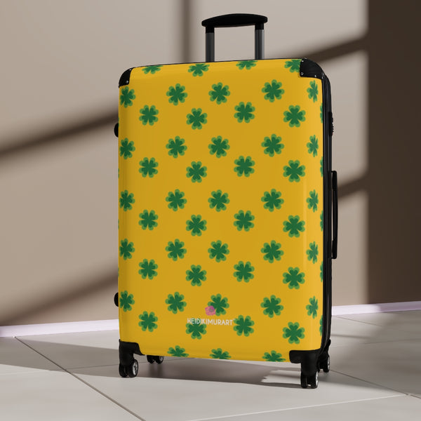 Yellow Clover Print Suitcases, Irish Style St. Patrick's Day Holiday Designer Suitcase Luggage (Small, Medium, Large) Unique Cute Spacious Versatile and Lightweight Carry-On or Checked In Suitcase, Best Personal Superior Designer Adult's Travel Bag Custom Luggage - Gift For Him or Her - Made in USA/ UK
