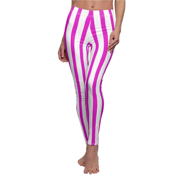 Pink Striped Women's Casual Leggings-All Over Prints-Printify-White Seams-M-Heidi Kimura Art LLC